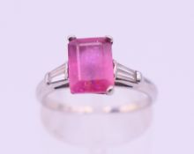 A platinum and pink tourmaline and diamond ring. Ring size L/M.