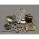 A quantity of miscellaneous items including a faux tortoiseshell tea caddy, a glass parrot,