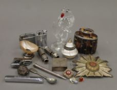 A quantity of miscellaneous items including a faux tortoiseshell tea caddy, a glass parrot,