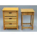 A small modern pine unit with three basket drawers and a modern pine single-drawer side table.