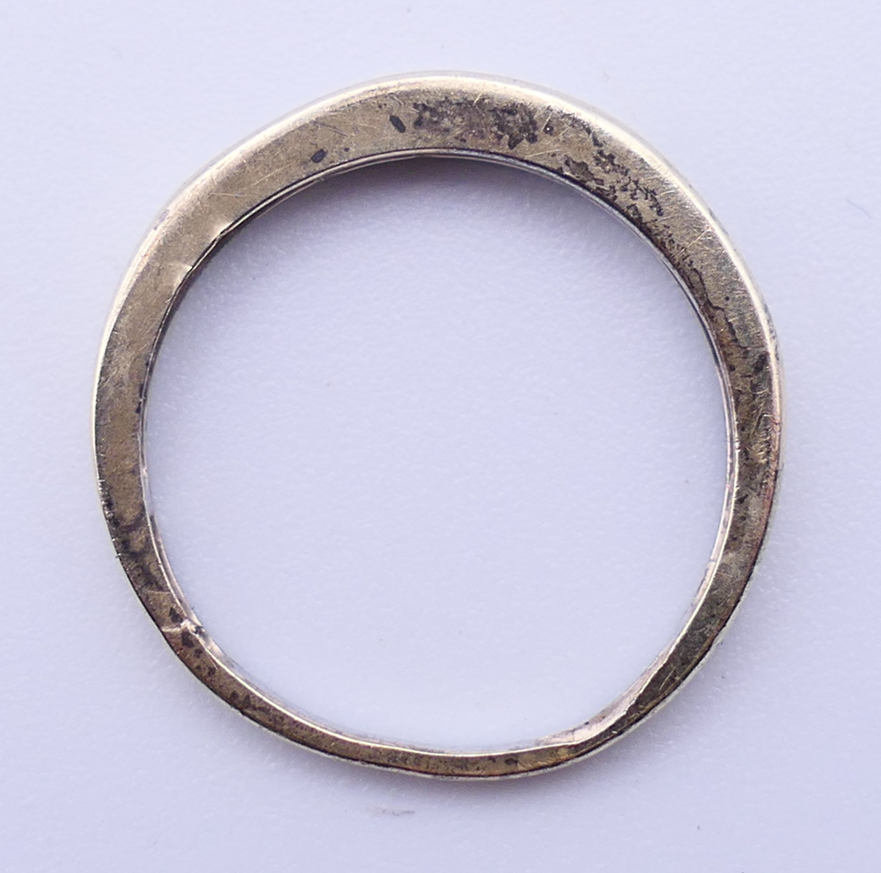 A 9 ct gold three-stone ring and an unmarked half hoop eternity ring. The former, Ring size M and 3. - Image 6 of 11