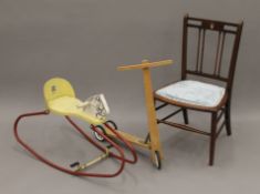 A vintage child's rocking horse, a vintage child's wooden scooter and an Edwardian bedroom chair.