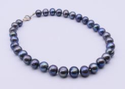 A Tahitian single strand black pearl necklace. 42 cm long.