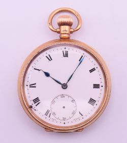 A 9 ct gold pocket watch. 4.75 cm diameter. 88.7 grammes total weight.