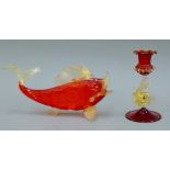 A Murano glass fish and a Murano glass dolphin-form candlestick. The latter 14.5 cm high.