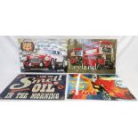 Four metal signs to incl. Austin Healy BJ8 Rally 1967 L50cm x W70cm, ' I love my Mini' L50cm x