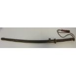 Early C20th Japanese Military Katana 33.5'' blade, ornate brass tsuba with flower design, metal