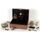 Property of a deceased estate - a leather box containing assorted items including a ball clock