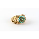 Property of a lady - an Italian 18ct yellow gold turquoise & diamond ring, with stylised leaf