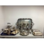 A Collection of Assorted Plated Ware, including tea wares, large twin handled, two pairs of twin