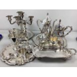 A Collection of Assorted Plated Ware, including Viners four piece tea set, circular plated trays,