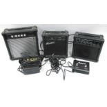 Assorted Guitar Amplifiers: Washburn WA15G, Rockburn G10, B.B. Blaster BB1010, portable PG-05 and