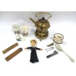 Early XX Century Brass Spirit Kettle, Felt Sailor Doll, 21.5cm tall, Lucas Girder 91 adjustable