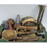 German Metronome, tambourines, trumpets, flute and other musical instruments:- One Box