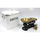 Vintage White Enamel Bread Bin, 33cm, together with Librasco black painted kitchen scales and four