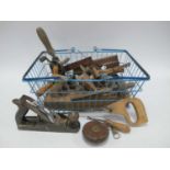 Tools - including Bailey No 4 Plane, hand drill, rulers, pocket knife, level.
