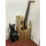 Woodman's Saw, sharpener, slasher, shears, camping chairs, etc:- One Chest. Plus Bosch Aquatak 135