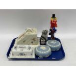 Glass Murano Clown, 26cm high. Shelly butter dish, Victorian cheese dish, Wedgwood jasper trinket