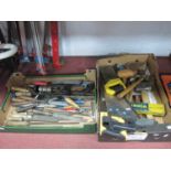 Workshop hand tools, including heavy-duty club hammers, ball-peen hammer, wooden mallets, brass-