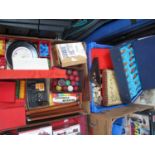 Roulette, small snooker balls, billiard balls, Mahjong, dominoes, wooden chess set in case.