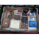 Playing Cards, unusual draughts/chess set, shakers and dice, small lead pieces, etc:- One Tray.
