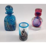 A blue Mdina decanter and vase, both signed plus a pink and purple Murano Sommerso decanter, 20cm