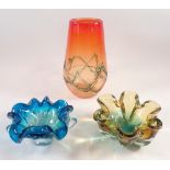 A tall Mdina glass vase in orange with green overlay swirl 34cm tall plus two Murano dishes
