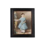 A 19th century pencil and watercolour portrait of a girl dress in blue,