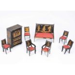 A rare German regency lacquered card Chinoiserie dolls’ house set,