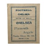 CHELSEA VERSUS PLYMOUTH ARGYLE 1920/21 PIRATE FOOTBALL PROGRAMME, 24/2/1921, FAC REPLAY. CHANGES,