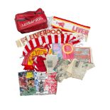 COLLECTION OF VINTAGE LIVERPOOL MEMORABILIA, 1970s ORIGINAL BAG, SCARVES, BOOKS, POSTERS, HAT, ETC.