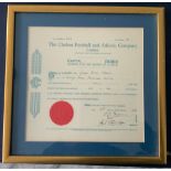 Chelsea Mears Family Framed Share Certificate: Sixteen one pound shares issued in 1973 to Joseph
