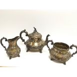A three piece silver hallmarked tea set 13 to 19cm tall. 1455g total weight