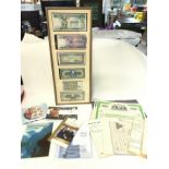 Framed bank notes , coins and bonds. No reserve