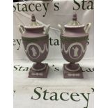 Large pair of Wedgwood tri-colour lidded vases, in lilac with green leaf detail and acorn finials to