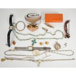 A collection of jewellery including 9ct gold bangle (6.4g), 9ct gold earrings (3.1g), Raymond Weil