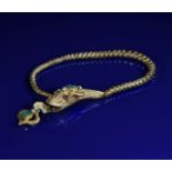 Victorian yellow metal serpent bracelet set with emeralds & pearls with garnet eyes, in antique box