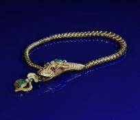 Victorian yellow metal serpent bracelet set with emeralds & pearls with garnet eyes, in antique box