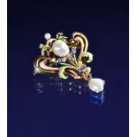 Art Nouveau 15ct gold pendant / brooch set with pearls, pink and green enamel and diamonds,