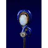 Victorian stick pin in the form of a serpent set with blue guilloché enamel, an opal cabochon, an