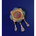 A 19thC yellow metal brooch set with micro mosaic depicting foliage, with three drop sections, in