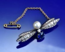 Victorian brooch set with a round cut sapphire of approximately 1ct, a natural pearl of