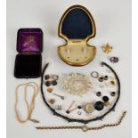 A collection of jewellery including three yellow metal studs (test as 9k, 2.9g), section of