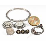 Silver bangle, two c1900 silver brooches, other brooches to include Art Nouveau and enamelled and