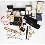 A collection of jewellery including silver necklace set with a synthetic opal, Pulsar watch in
