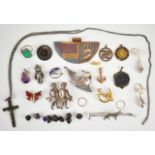 A collection of jewellery including S. Kinsburger pendant, 900 grade silver brooch (14.4g), rolled