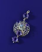 Arts & Crafts silver pendant set with abalone and amethysts, attributed to Gaskin, 8.7g, 5.8cm