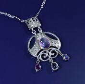 Murrle Bennett silver Arts & Crafts necklace set with one oval cut and three drop oval cut