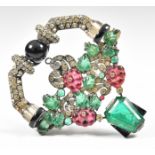 Art Deco silver brooch set with paste in the Cartier Tutti Frutti style, 26.1g, 5.4 x 6cm