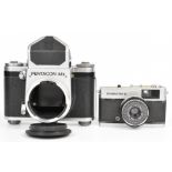 Pentacon Six medium format SLR camera with prism finder, together with an Olympus Trip 35